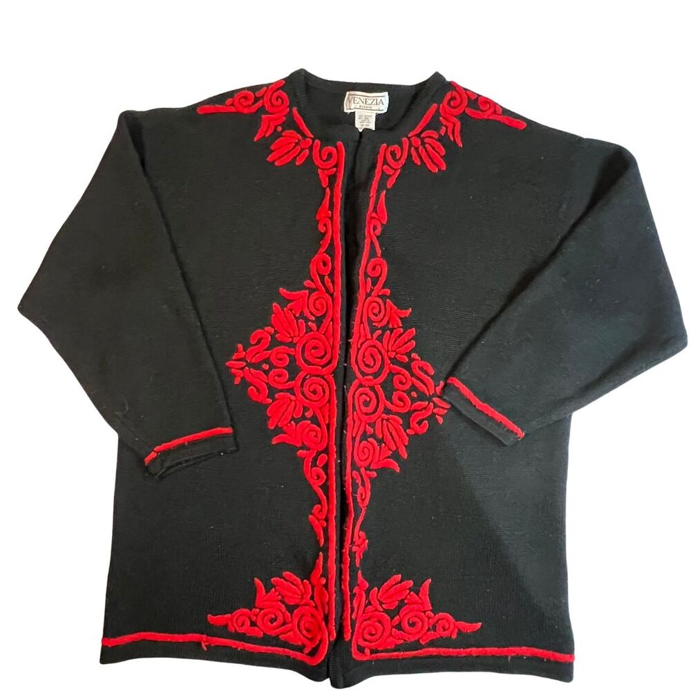 VTG Venezia Vitale Cardigan Women 18/20 Black Wool Blend Embroidered Sweater